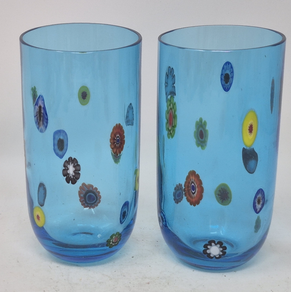 Blue Murano-Style Millefiori Glass Tumbler Pair